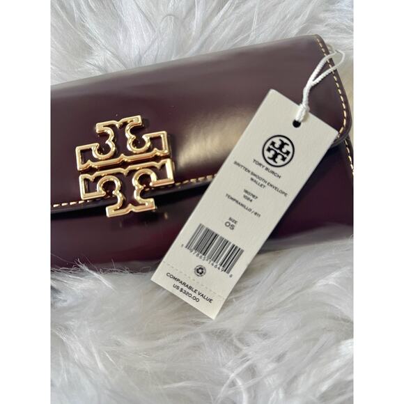 NEW $320 Tory Burch Britten Flap Envelope Wallet Tempranillo Brown Shiny Leather - Picture 2 of 8